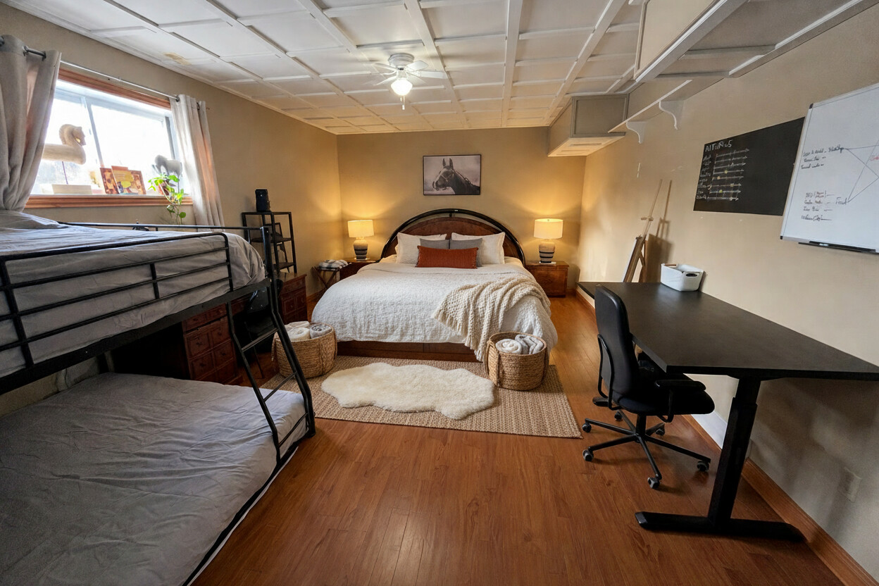 King room with bunks and workspace